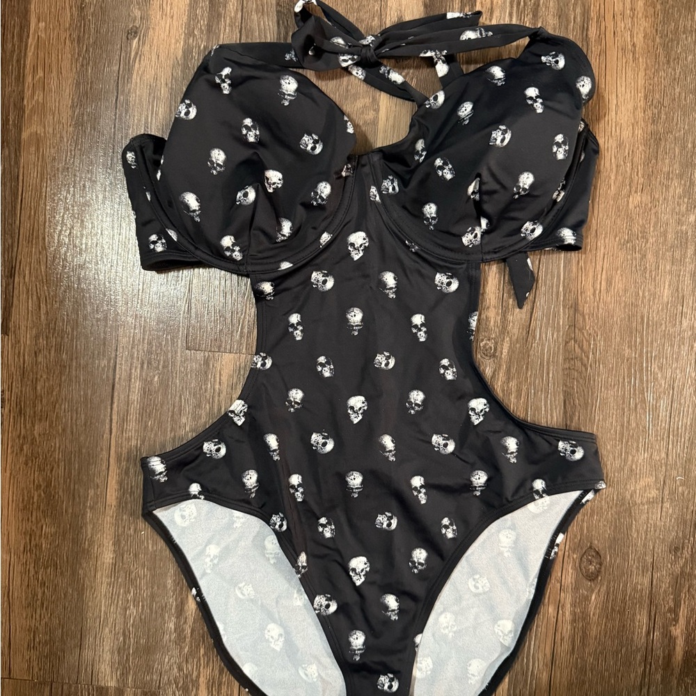 Killstar Black Skull Print One Piece Swimsuit
